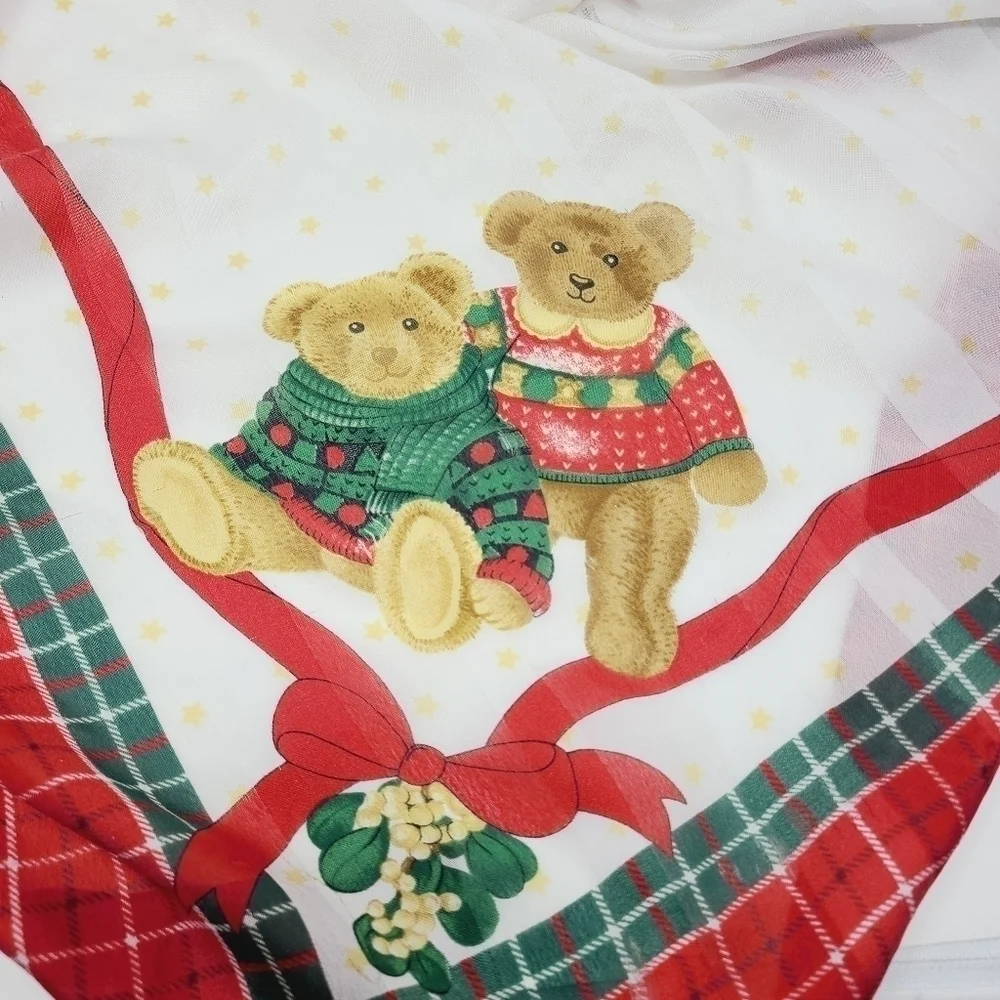 Avon | Vintage White Square Christmas Teddy Themed Scarf/Handkerchief (One Size)